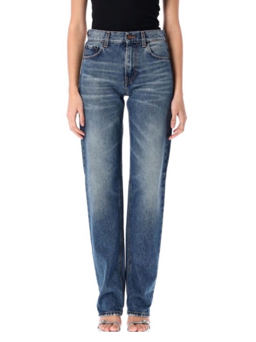 Haikure Cleo Mid-Rise Slim Straight Jeans in Mid Blue: 27